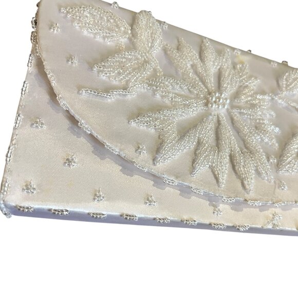 Vintage Ivory Floral Beaded Satin Evening Bag Clutch Bridal 1950s Glam Formal - Picture 4 of 8